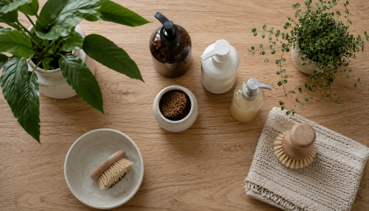 Refillable containers and a leafy plant on a wooden counter