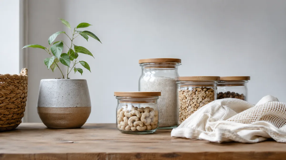 Reusable glass jars, a cloth bag and a small potted plant on a wooden surface