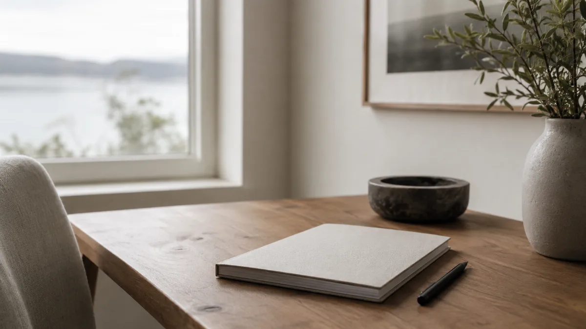 Uncluttered writing desk bathed in soft daylight