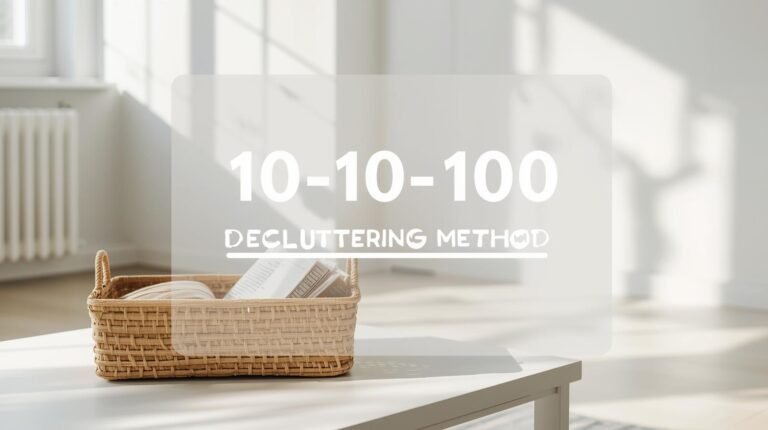 Minimalist family living room decluttered with basket and overlay text