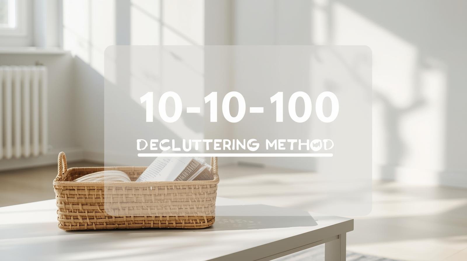 Minimalist family living room decluttered with basket and overlay text
