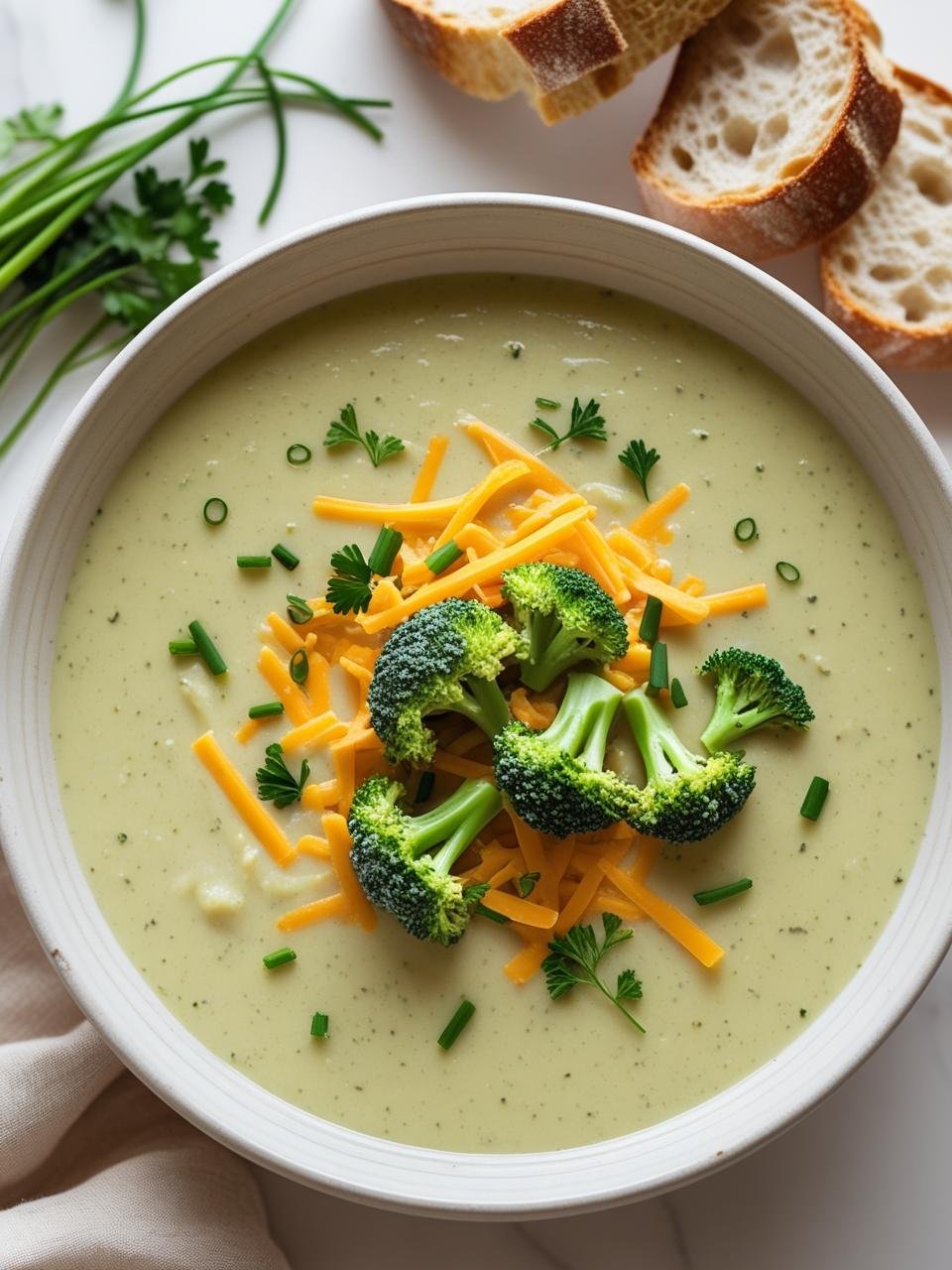 Creamy broccoli cheddar soup in one pot, topped with shredded cheese, minimalist recipe