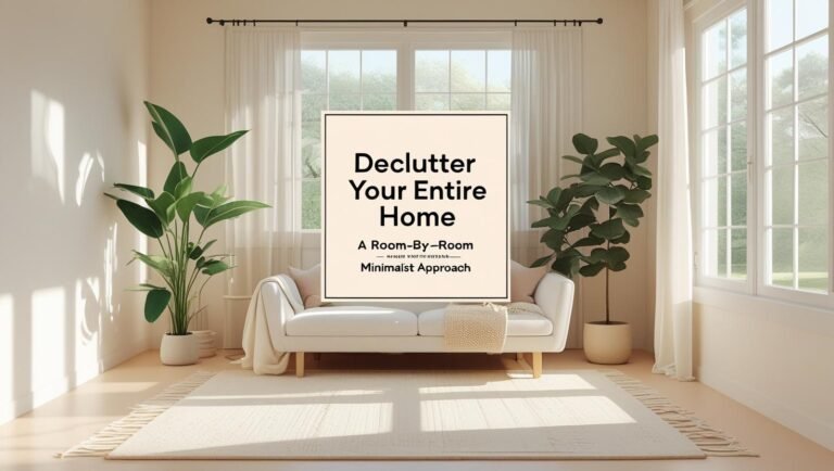 Minimalist living room with clear surfaces and labeled bins—room-by-room decluttering.