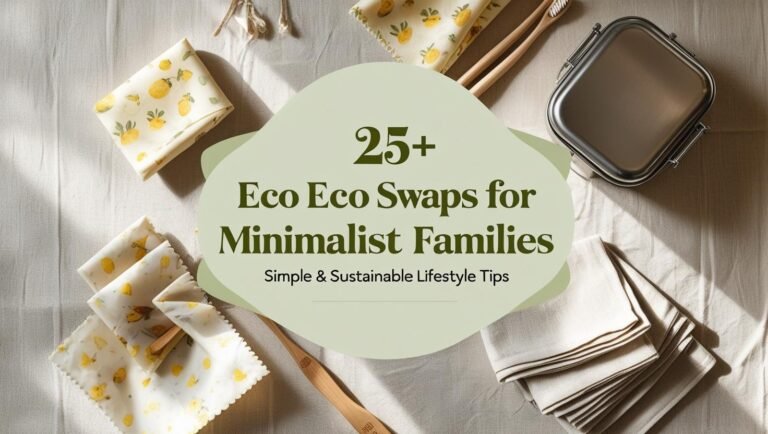 Eco-friendly home swaps: glass jars, bamboo brushes, and reusable cloths on a clean counter.