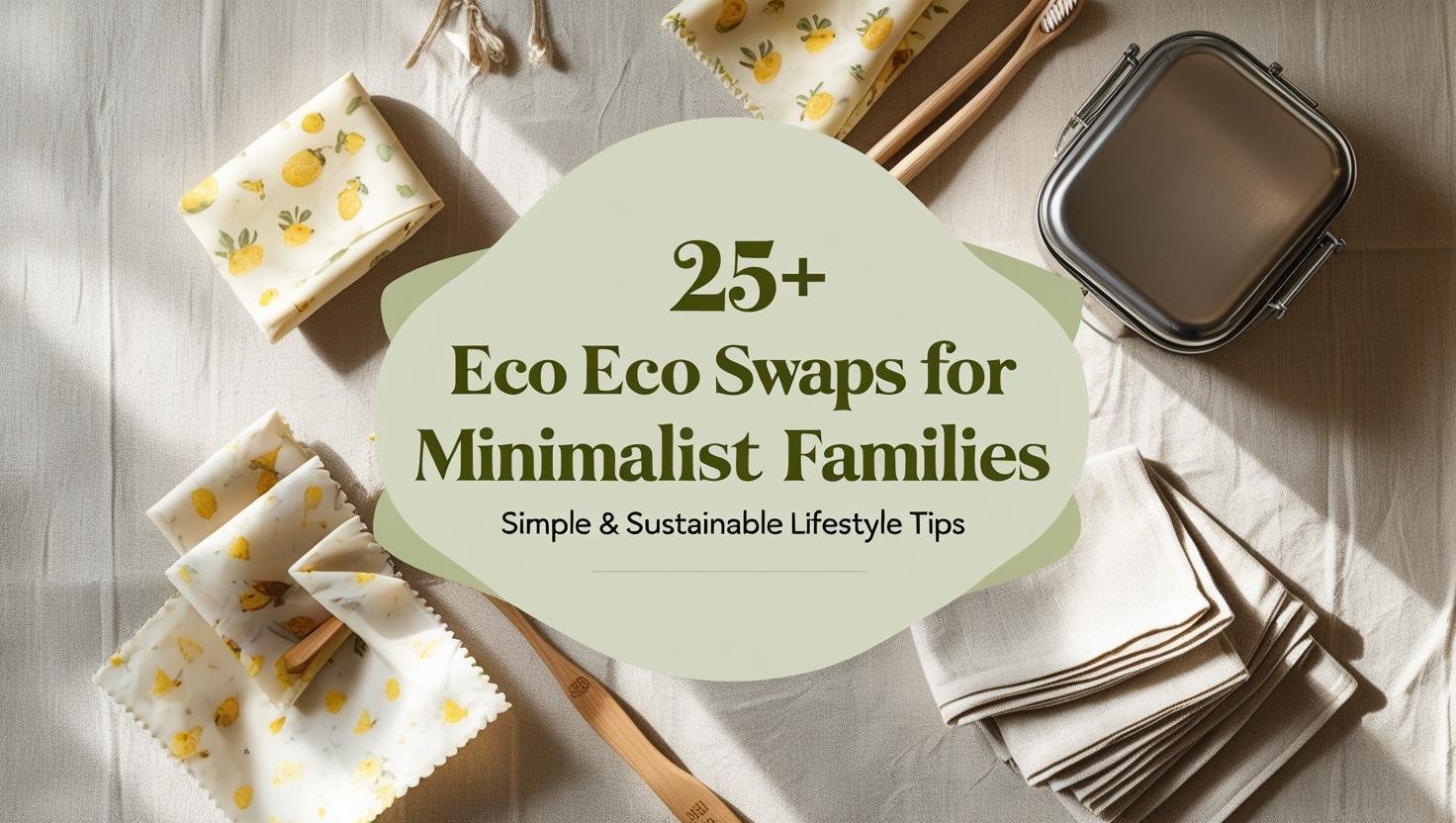Eco-friendly home swaps: glass jars, bamboo brushes, and reusable cloths on a clean counter.