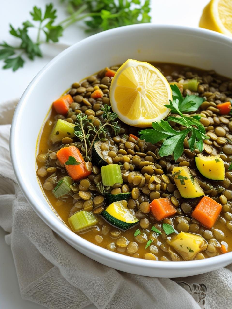 Mediterranean-style lentil stew in one pot, garnished with fresh herbs