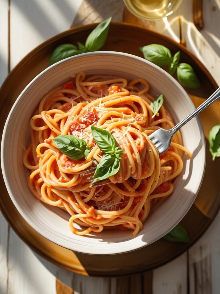 One-pot creamy tomato basil pasta in a rustic white bowl, budget-friendly minimalist dinner