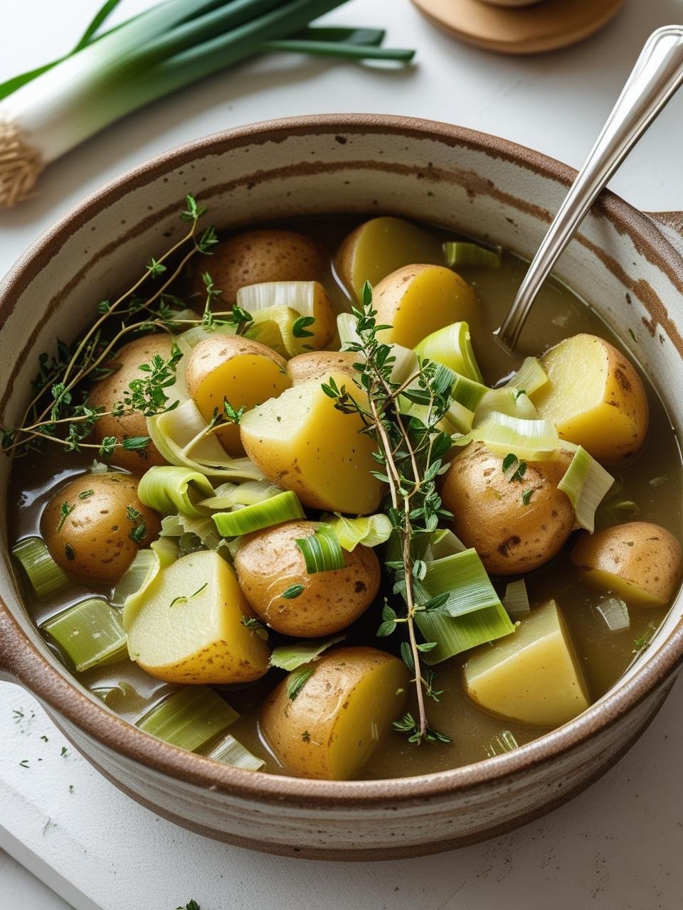 Hearty potato and leek stew cooked in one pot, rustic and budget-friendly