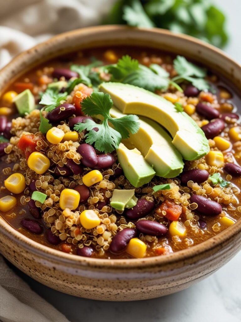 Hearty southwestern quinoa chili served in a single pot, affordable plant-based dinner