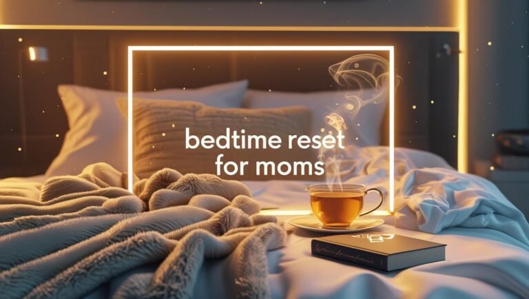 Cozy minimalist bedroom setup with tea, warm lighting, and bedtime reset vibe.