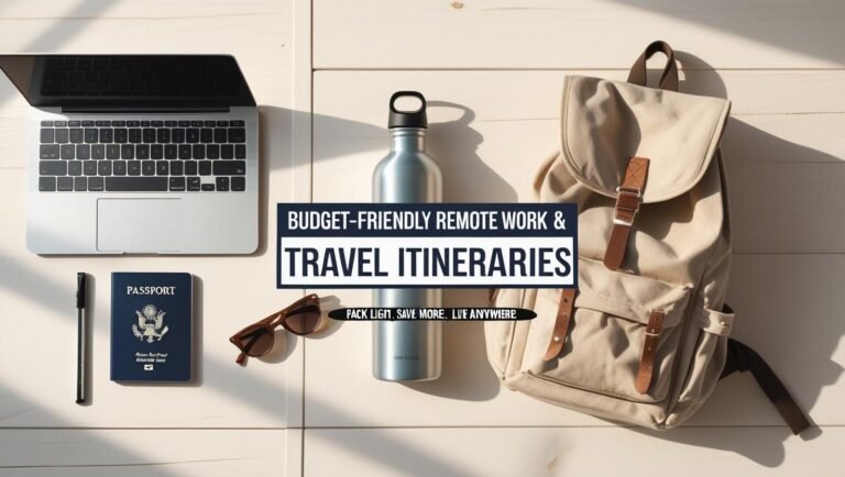 Minimalist flat lay with laptop, passport, and backpack for remote work travel cover