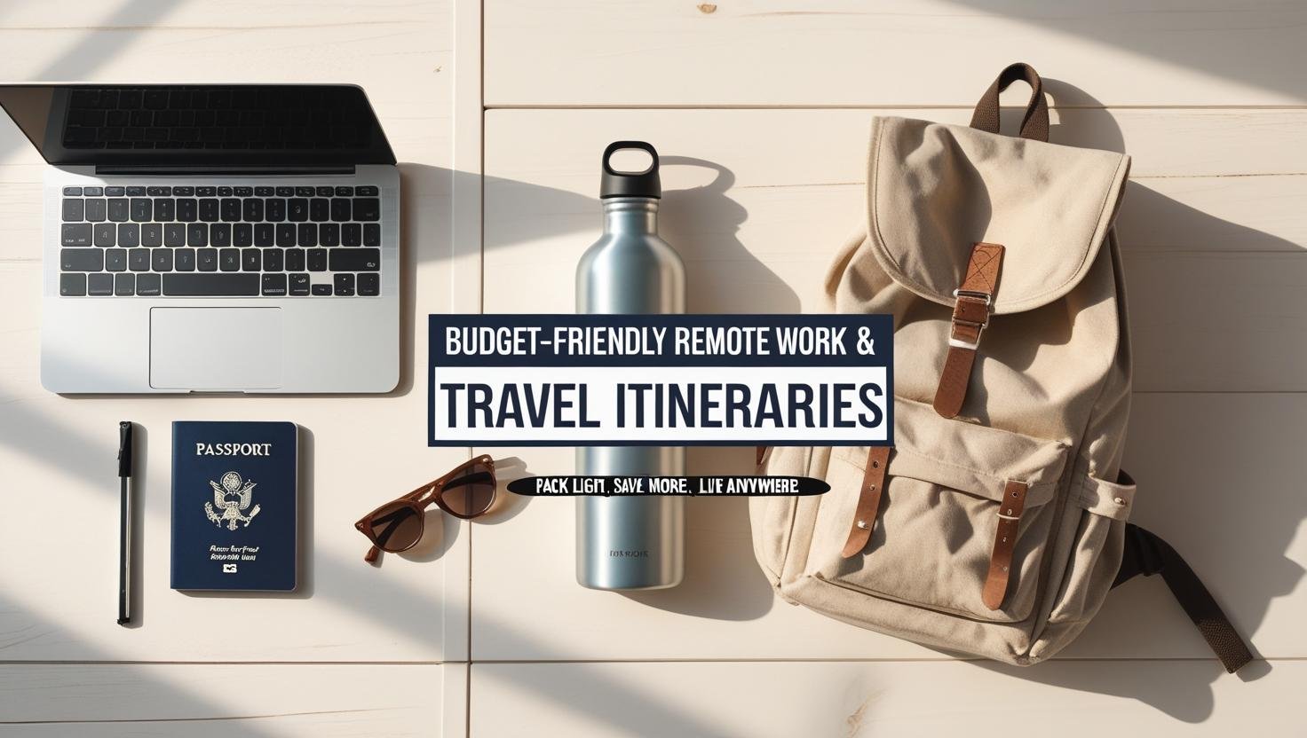 Minimalist flat lay with laptop, passport, and backpack for remote work travel cover