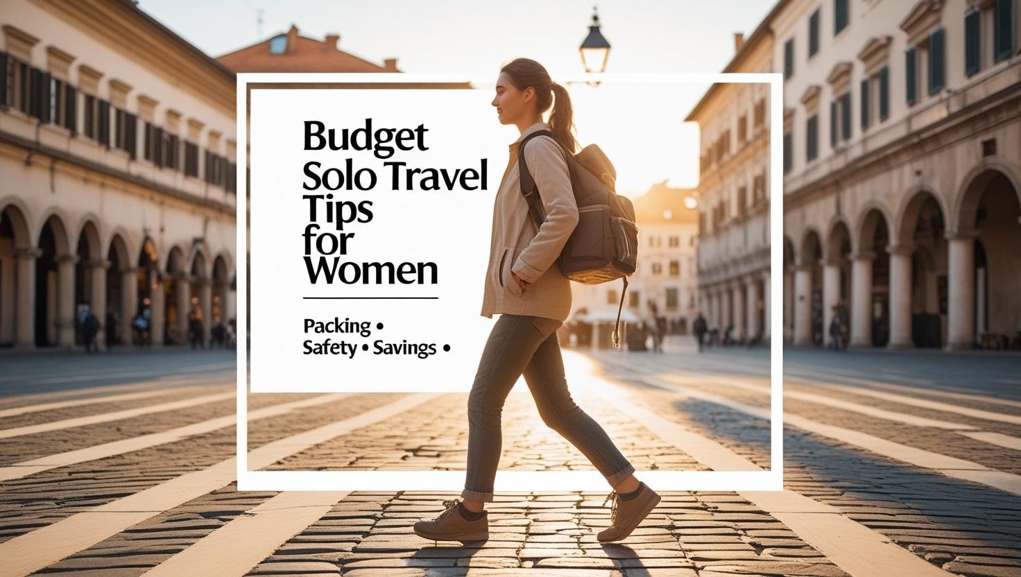 Confident solo female traveler with carry-on in sunlit old town, title overlay