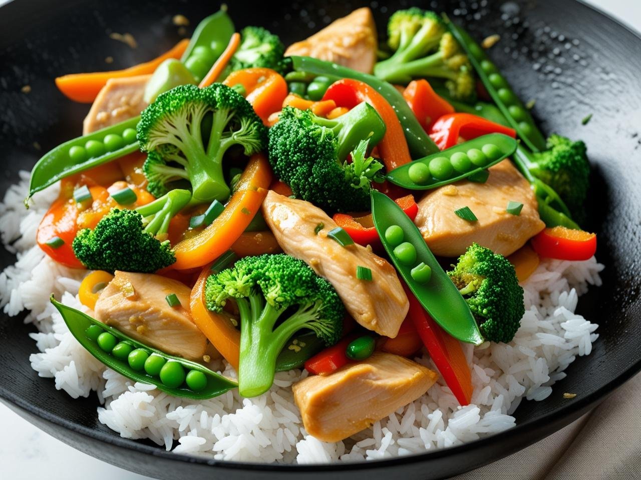 chicken-veggie-stir-fry Chicken and vegetable stir-fry served over rice