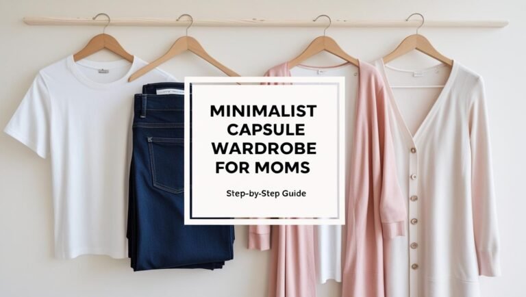 Minimalist capsule wardrobe for moms with neutral pieces neatly arranged on a rack, step-by-step guide.