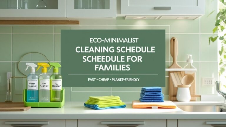 Minimalist family kitchen with cleaning caddy and title overlay
