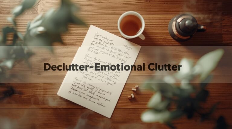 Minimalist flat-lay with letter and tea, symbolizing emotional declutter.