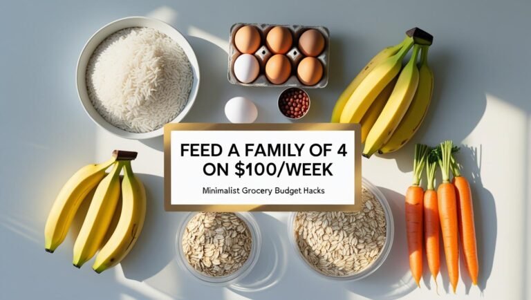 Minimalist flat lay of grocery staples with title overlay