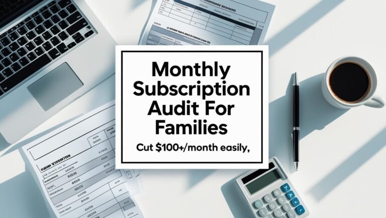 flat lay of family budget workspace with subscription audit title overlay
