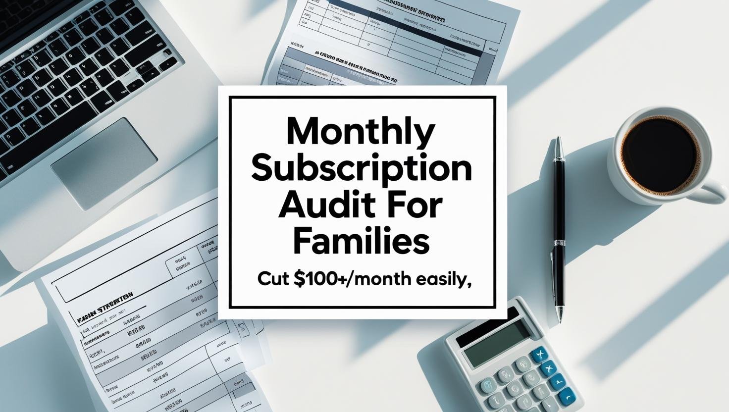 flat lay of family budget workspace with subscription audit title overlay
