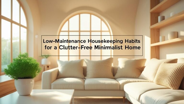 Minimalist living room with cozy decor and clean surfaces representing low-maintenance housekeeping habits.