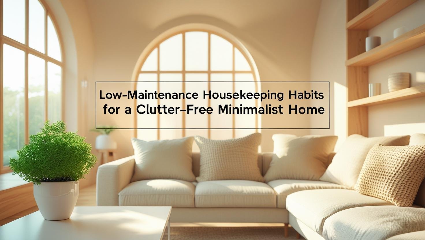 Minimalist living room with cozy decor and clean surfaces representing low-maintenance housekeeping habits.