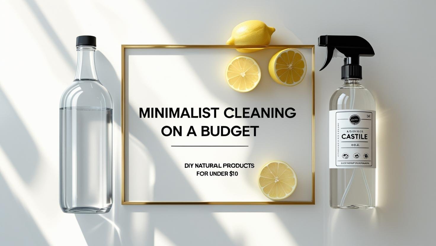 Flat lay of vinegar, baking soda, lemon, spray bottle with title overlay
