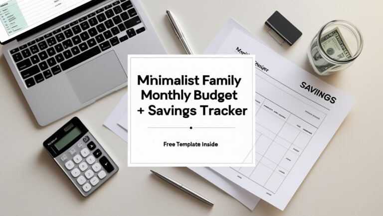 Minimalist budget flat lay with laptop, savings jar, and title overlay