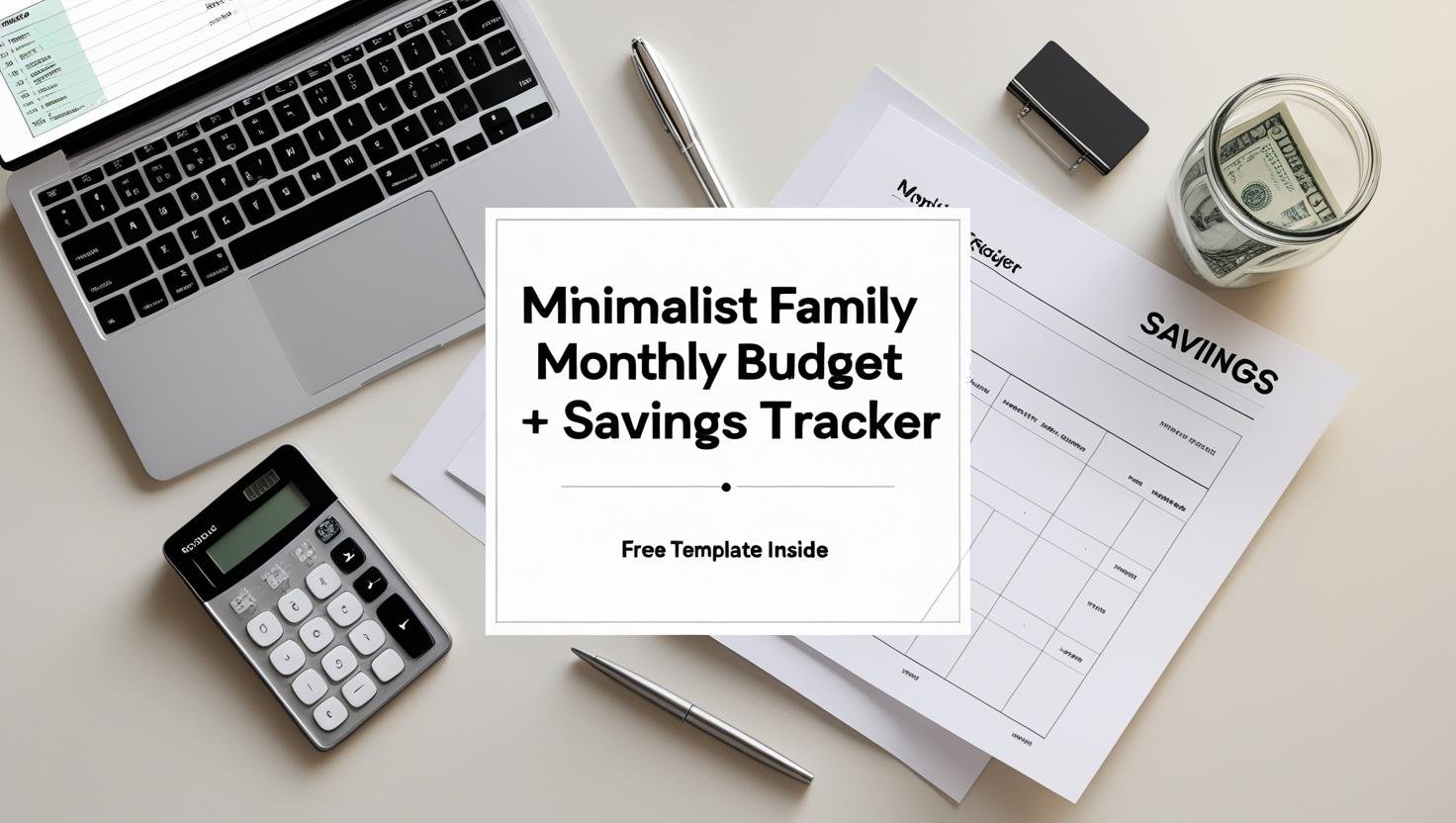 Minimalist budget flat lay with laptop, savings jar, and title overlay