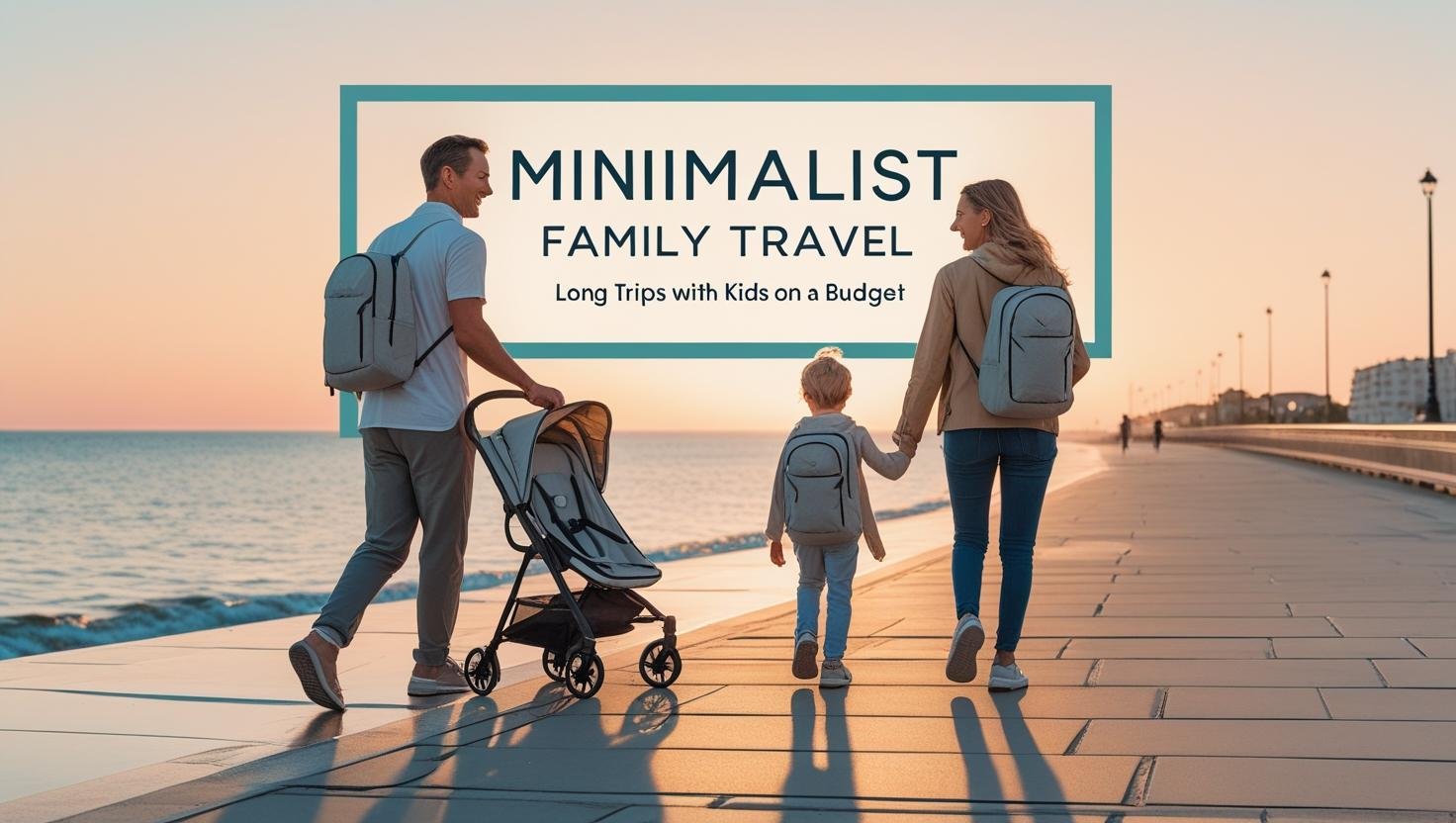 Family with stroller and daypacks on a seaside promenade, title overlay