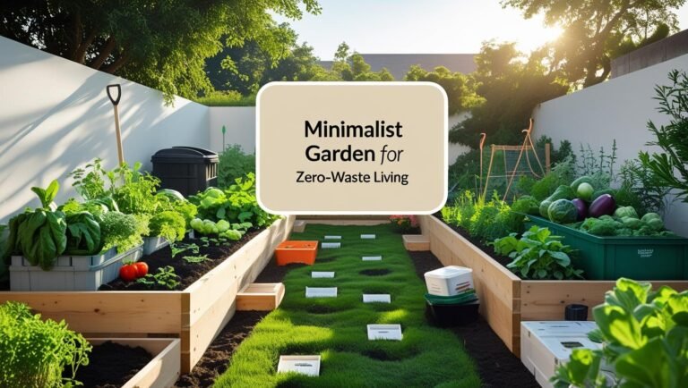 Minimalist zero-waste backyard garden with raised beds and recycled containers.