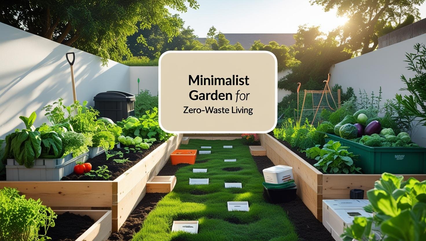 Minimalist zero-waste backyard garden with raised beds and recycled containers.