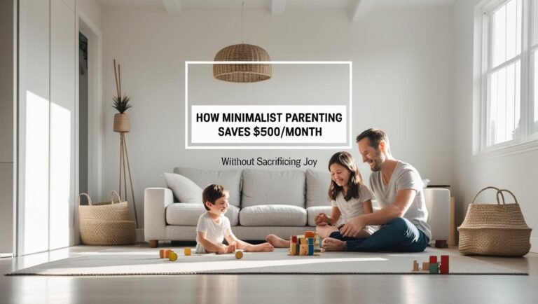Minimalist family living room with parents and kids playing, title overlay