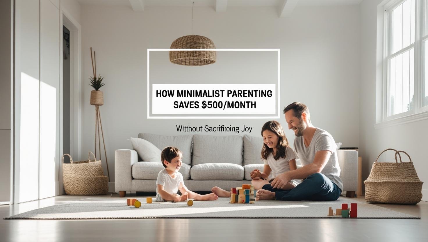Minimalist family living room with parents and kids playing, title overlay