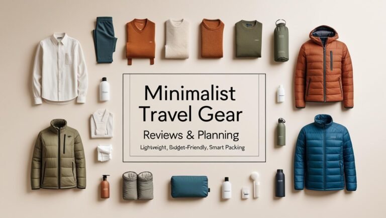 Minimalist flat lay of seasonal travel gear with title overlay