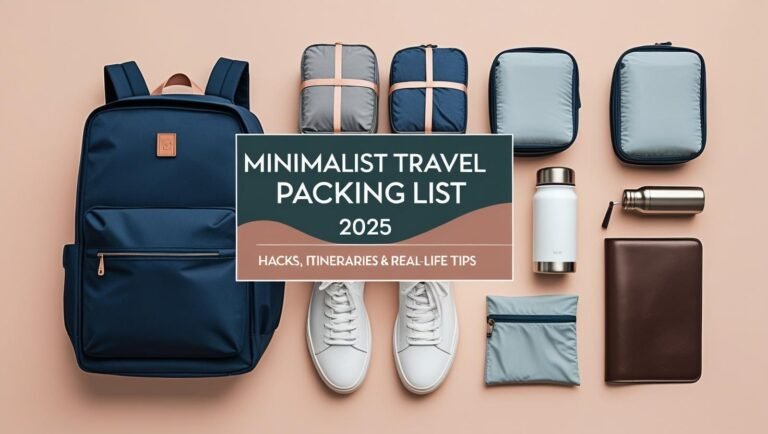 Minimalist flat lay travel gear with bold title overlay