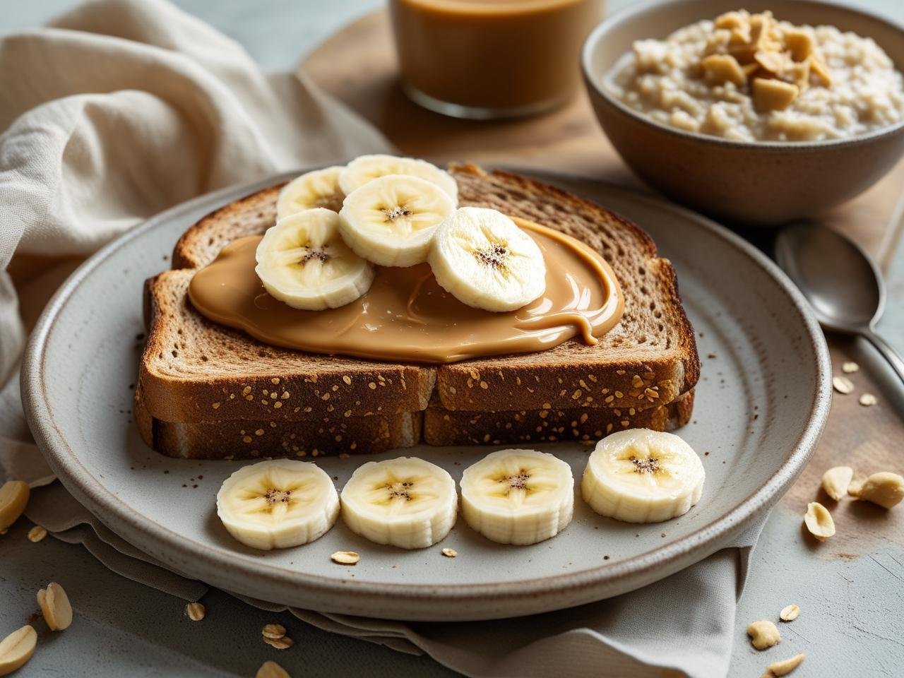 peanut-butter-banana-toast-oatmeal Peanut butter and banana toast with oatmeal
