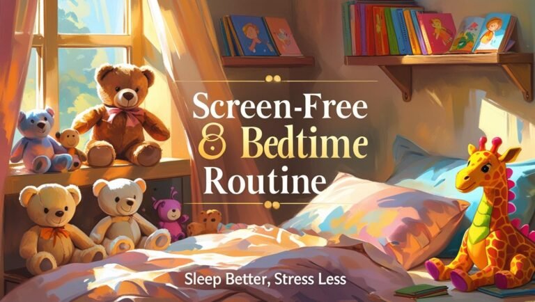 Screen-free bedtime routine with books and dimmed lights in a cozy kids’ room.