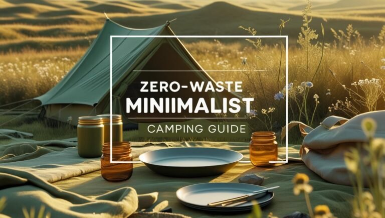 Minimalist zero-waste camping scene with family and eco-friendly gear.