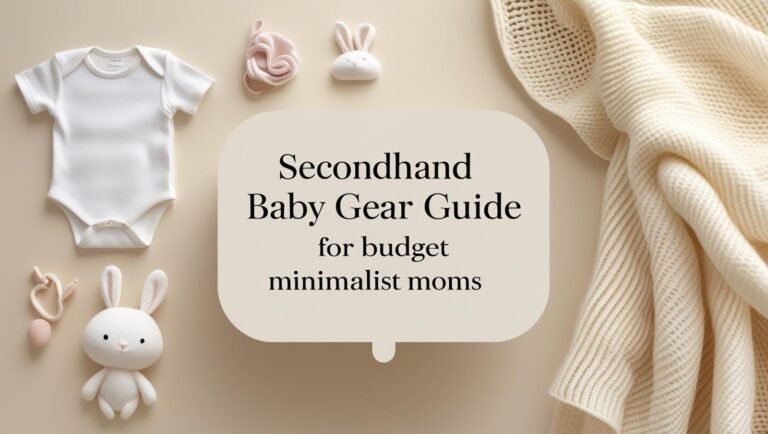 Curated secondhand baby gear arranged neatly: stroller, carrier, and essentials.