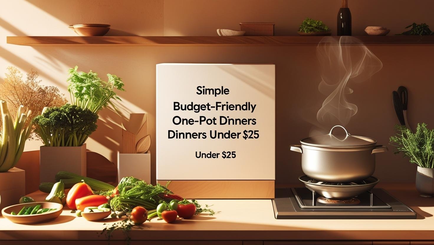 Assorted one-pot dinners under $25 served on a rustic table, budget-friendly minimalist meals