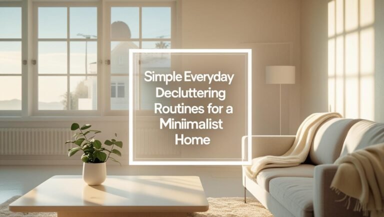 Minimalist bright living room with neutral decor, cozy sofa, small plant on coffee table.