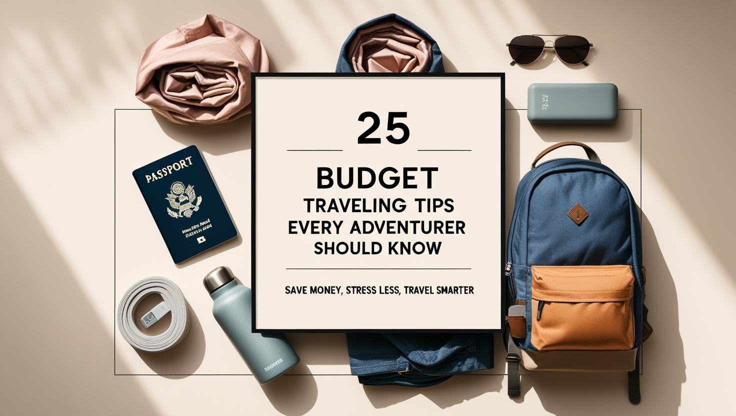 Flat lay of minimalist budget travel gear with title overlay