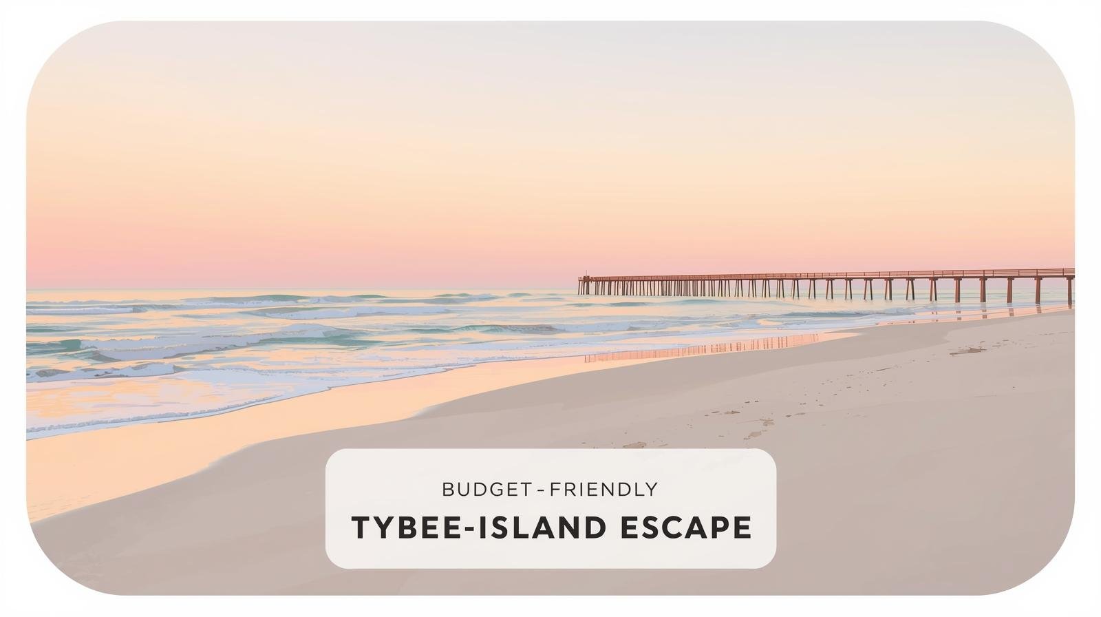 Tybee Island beach with pier at sunset, text overlay