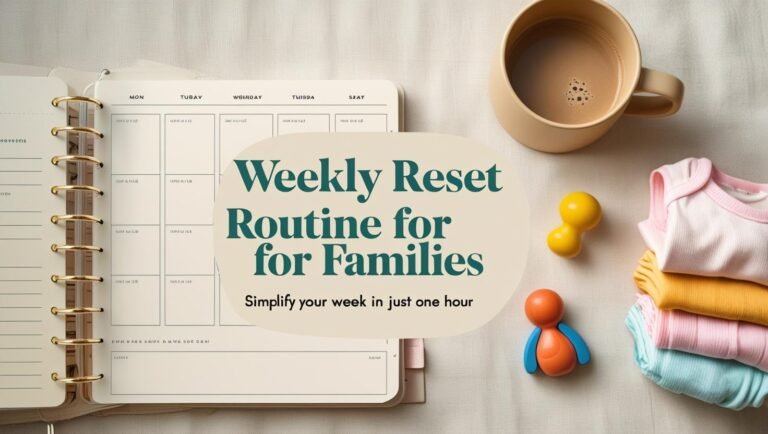 Weekly reset routine checklist on a kitchen counter with tidy baskets and a planner.