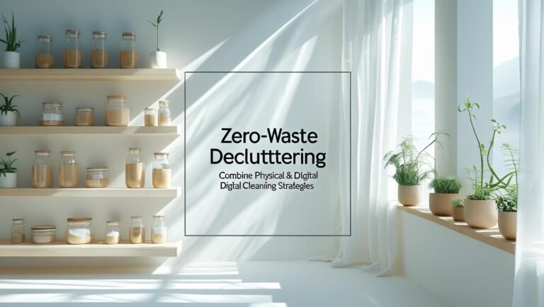 Minimalist zero-waste home interior with organized shelves and natural light