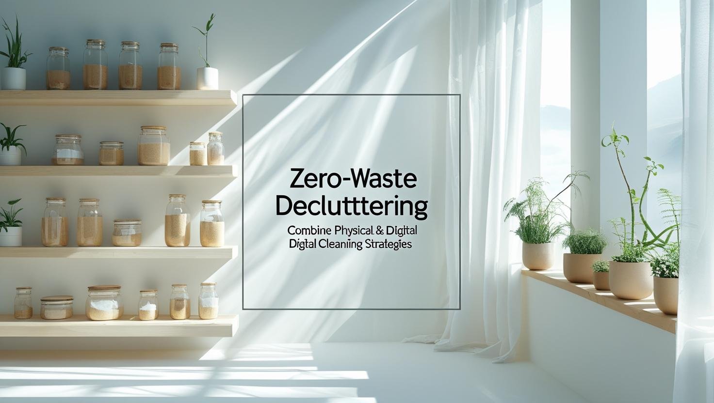 Minimalist zero-waste home interior with organized shelves and natural light