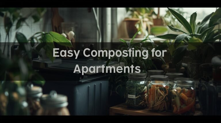Apartment kitchen corner with compost bin and houseplants.
