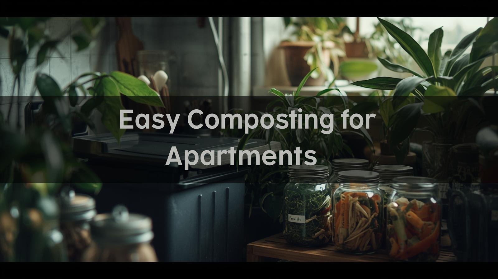 Apartment kitchen corner with compost bin and houseplants.