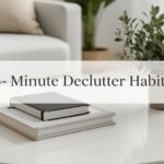 Minimalist living room table with one book and plant, no clutter.